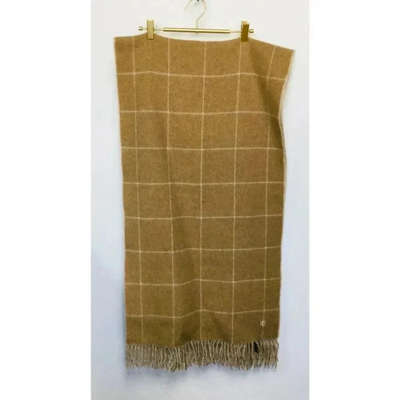 Vintage Lauren Ralph Lauren Unisex Tan Wide Rectangle Fringed Lambswool Checked - Picture 1 of 9